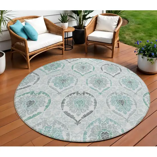 8' Teal Blue Silver And Gray Round Medallion Washable Indoor Outdoor Area Rug Photo 1