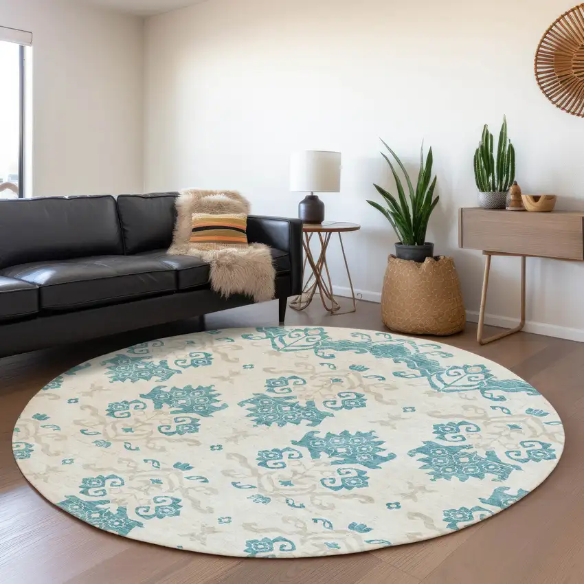 8' Teal Blue Silver And Gray Round Oriental Washable Indoor Outdoor Area Rug Photo 6