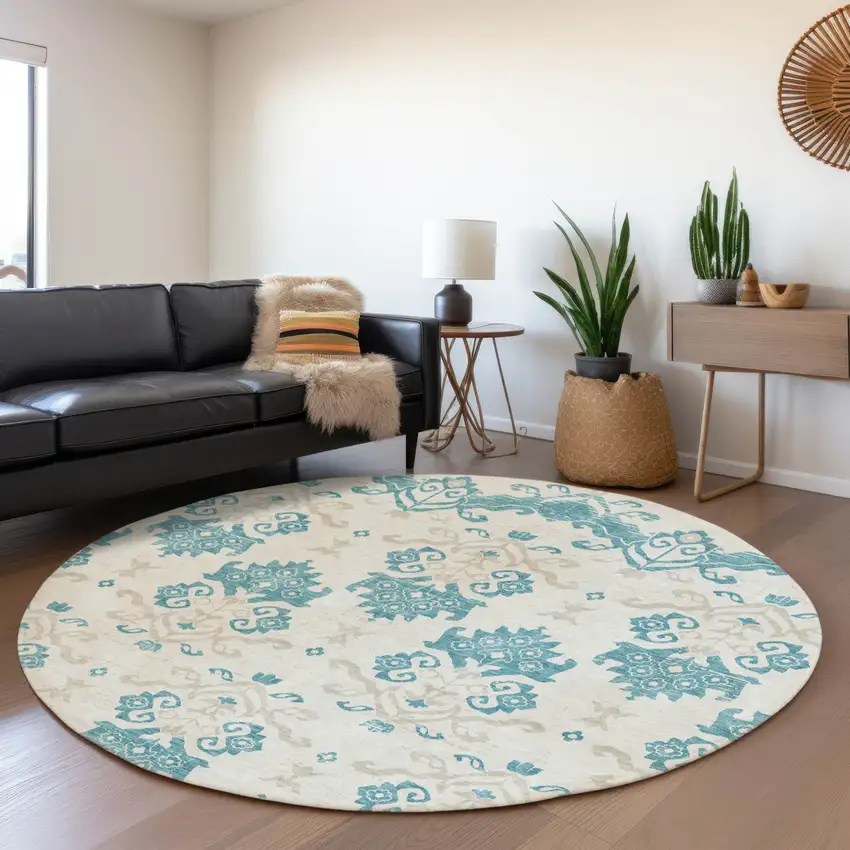 8' Teal Blue Silver And Gray Round Oriental Washable Indoor Outdoor Area Rug Photo 6