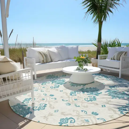 8' Teal Blue Silver And Gray Round Oriental Washable Indoor Outdoor Area Rug Photo 5