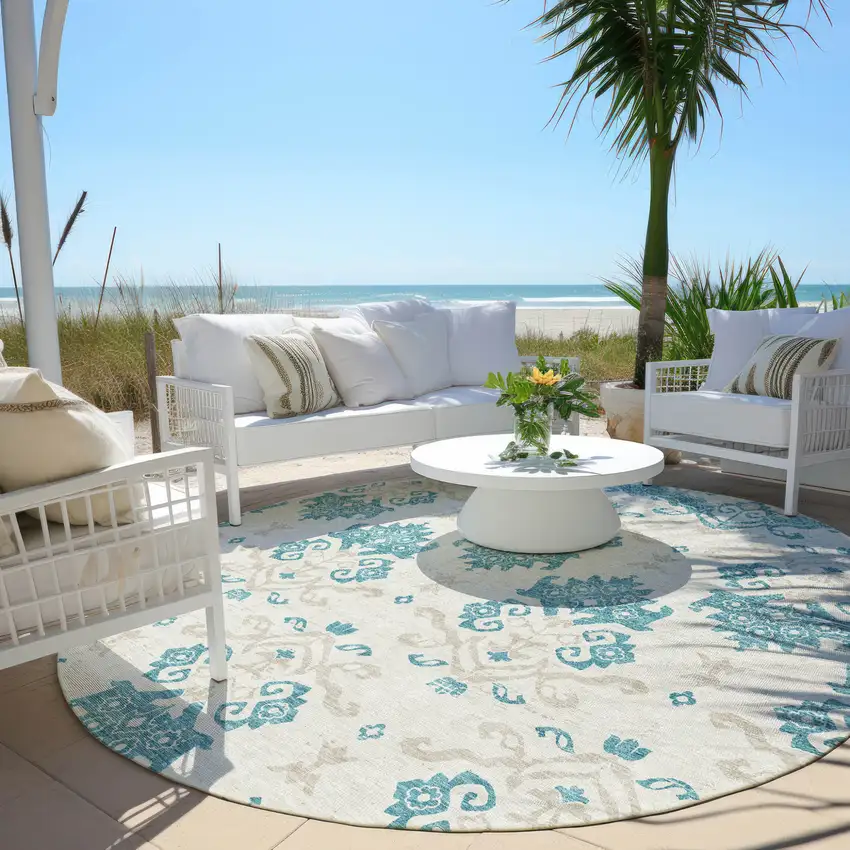 8' Teal Blue Silver And Gray Round Oriental Washable Indoor Outdoor Area Rug Photo 5