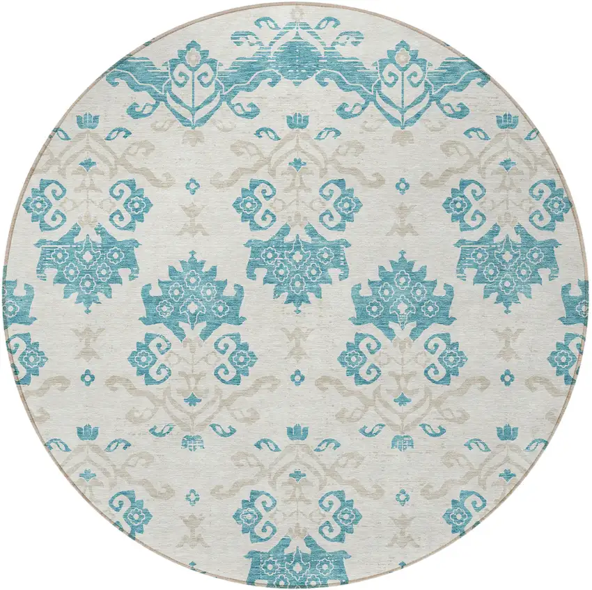 8' Teal Blue Silver And Gray Round Oriental Washable Indoor Outdoor Area Rug Photo 4