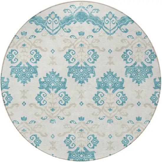 8' Teal Blue Silver And Gray Round Oriental Washable Indoor Outdoor Area Rug Photo 4