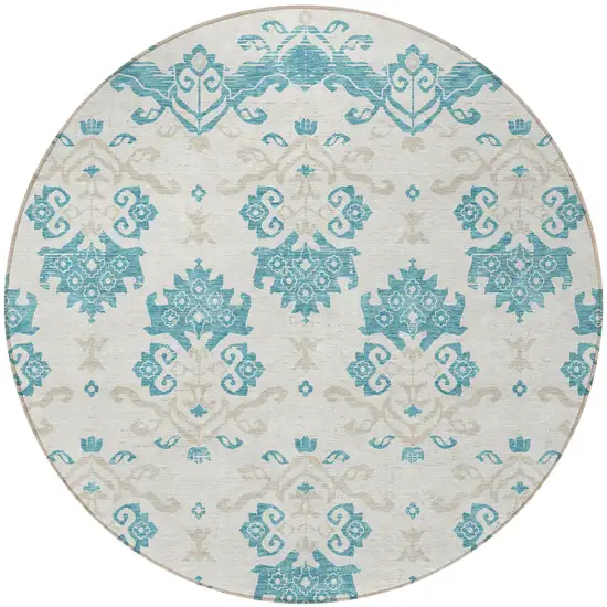8' Teal Blue Silver And Gray Round Oriental Washable Indoor Outdoor Area Rug Photo 4
