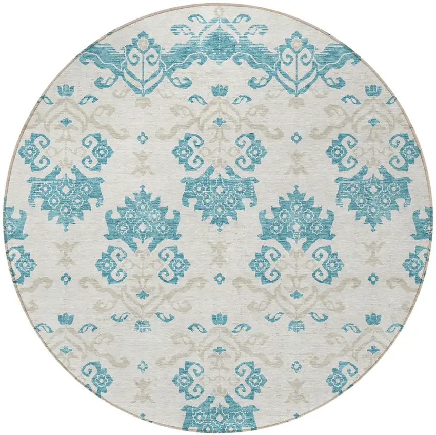 8' Teal Blue Silver And Gray Round Oriental Washable Indoor Outdoor Area Rug Photo 4