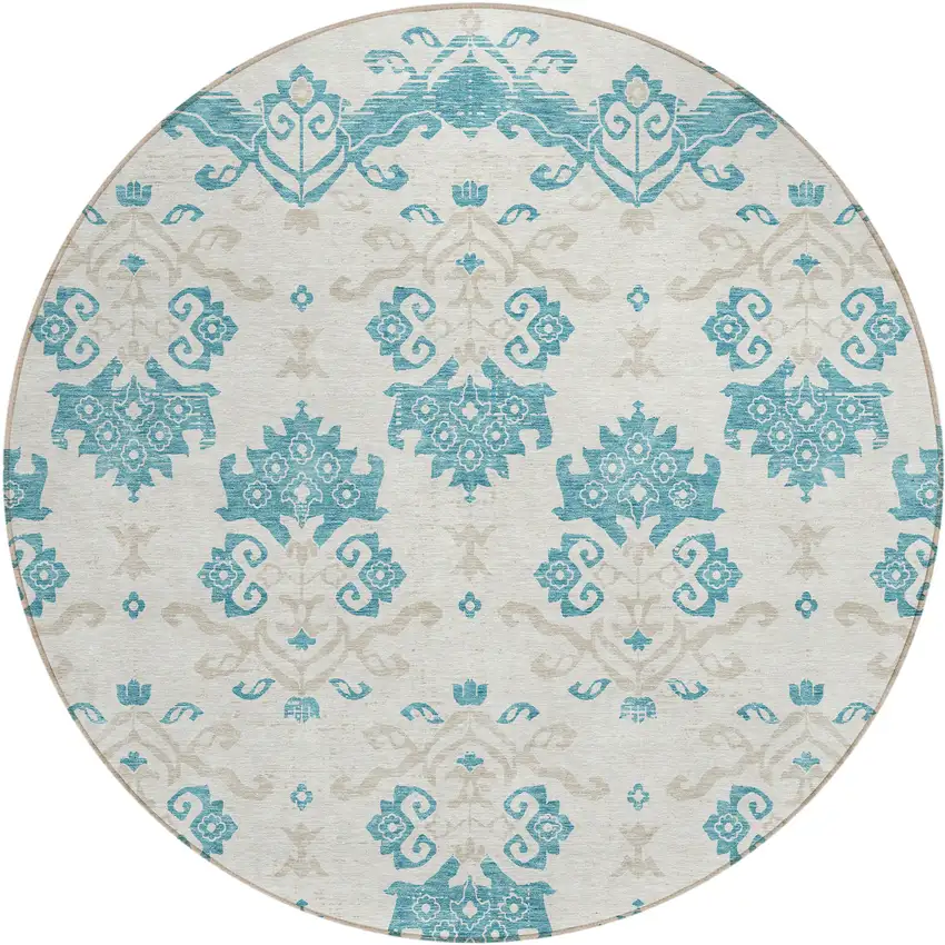 8' Teal Blue Silver And Gray Round Oriental Washable Indoor Outdoor Area Rug Photo 1