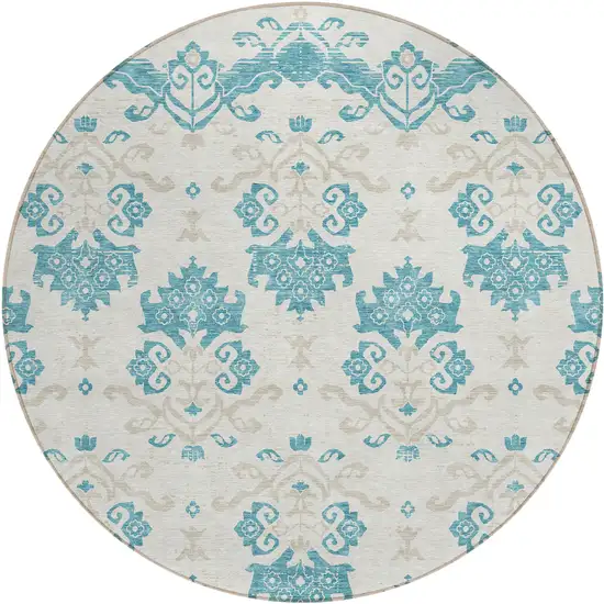 8' Teal Blue Silver And Gray Round Oriental Washable Indoor Outdoor Area Rug Photo 1