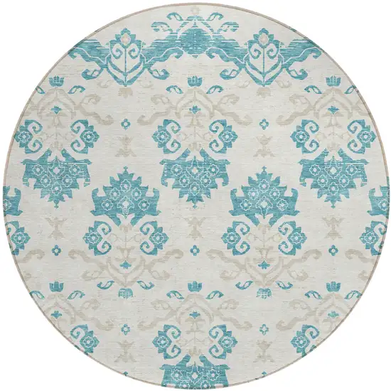 8' Teal Blue Silver And Gray Round Oriental Washable Indoor Outdoor Area Rug Photo 1