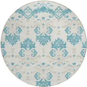 Photo of 8' Teal Blue Silver And Gray Round Oriental Washable Indoor Outdoor Area Rug