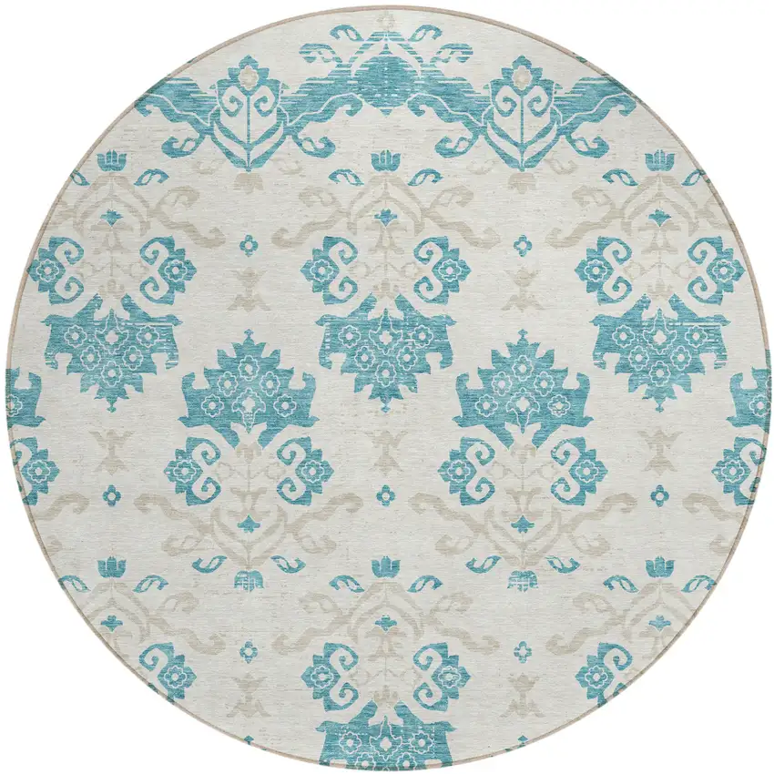 8' Teal Blue Silver And Gray Round Oriental Washable Indoor Outdoor Area Rug Photo 1