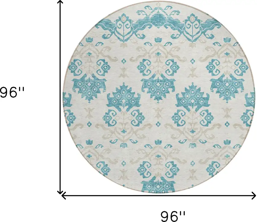8' Teal Blue Silver And Gray Round Oriental Washable Indoor Outdoor Area Rug Photo 7