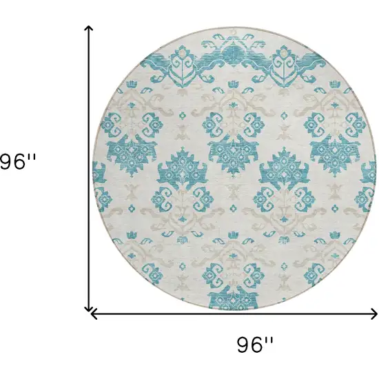 8' Teal Blue Silver And Gray Round Oriental Washable Indoor Outdoor Area Rug Photo 7