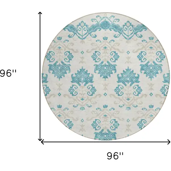 8' Teal Blue Silver And Gray Round Oriental Washable Indoor Outdoor Area Rug Photo 7