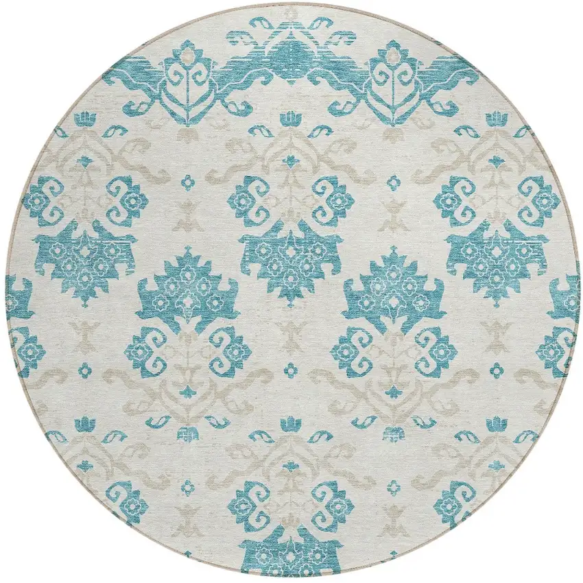 8' Teal Blue Silver And Gray Round Oriental Washable Indoor Outdoor Area Rug Photo 3