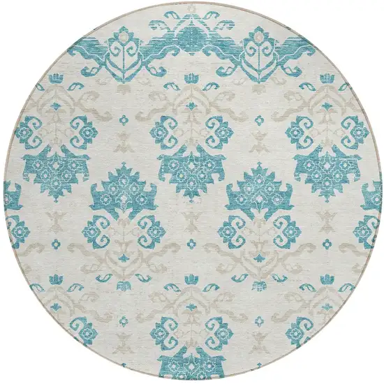 8' Teal Blue Silver And Gray Round Oriental Washable Indoor Outdoor Area Rug Photo 3