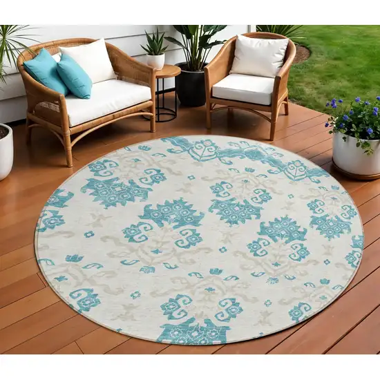 8' Teal Blue Silver And Gray Round Oriental Washable Indoor Outdoor Area Rug Photo 1
