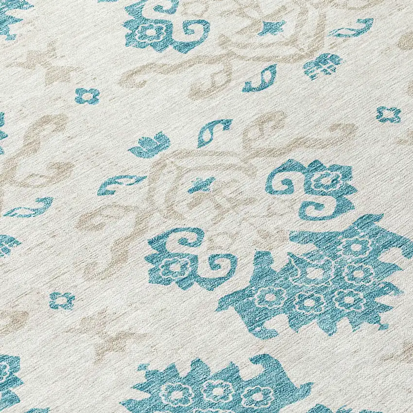 8' Teal Blue Silver And Gray Round Oriental Washable Indoor Outdoor Area Rug Photo 8