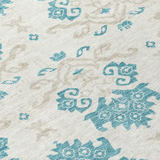 8' Teal Blue Silver And Gray Round Oriental Washable Indoor Outdoor Area Rug Photo 8