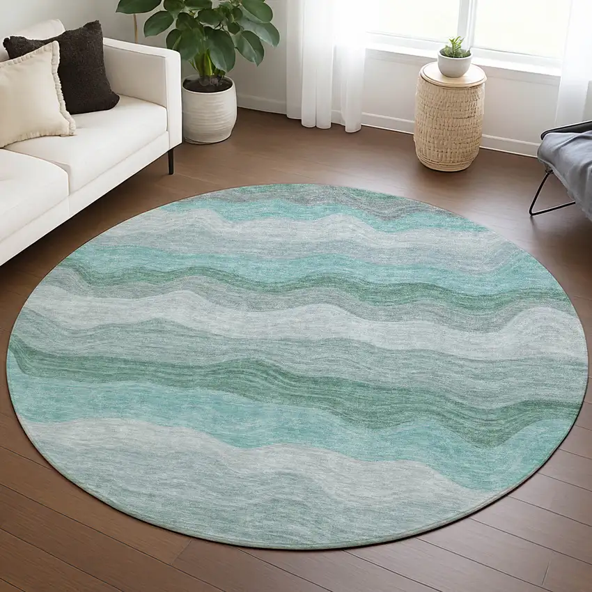 8' Teal Blue Silver And Gray Round Striped Washable Indoor Outdoor Area Rug Photo 5