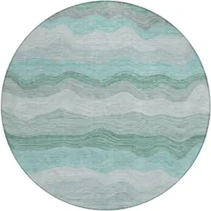 Photo of 8' Teal Blue Silver And Gray Round Striped Washable Indoor Outdoor Area Rug