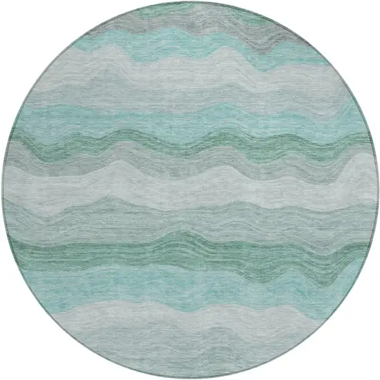 8' Teal Blue Silver And Gray Round Striped Washable Indoor Outdoor Area Rug Photo 1