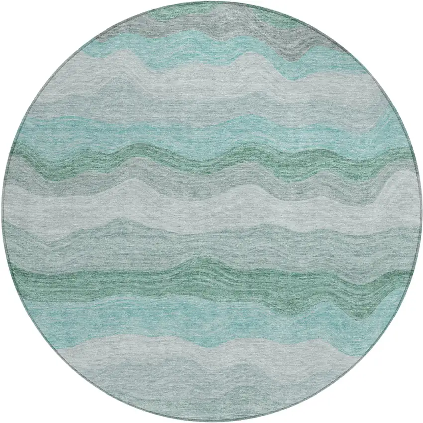 8' Teal Blue Silver And Gray Round Striped Washable Indoor Outdoor Area Rug Photo 1