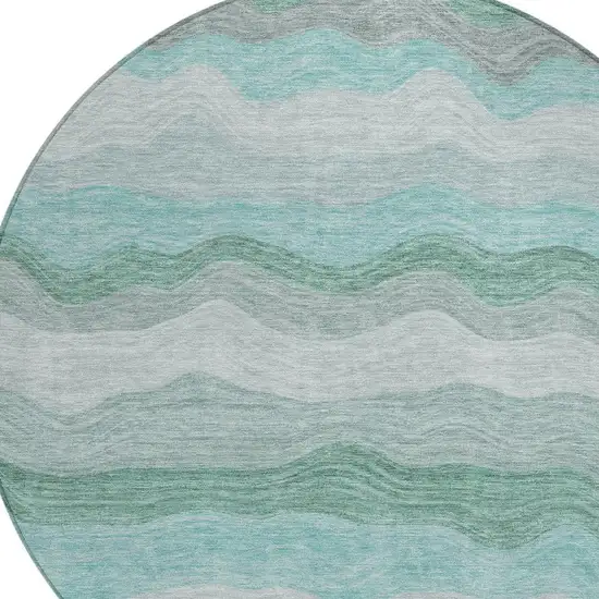 8' Teal Blue Silver And Gray Round Striped Washable Indoor Outdoor Area Rug Photo 2