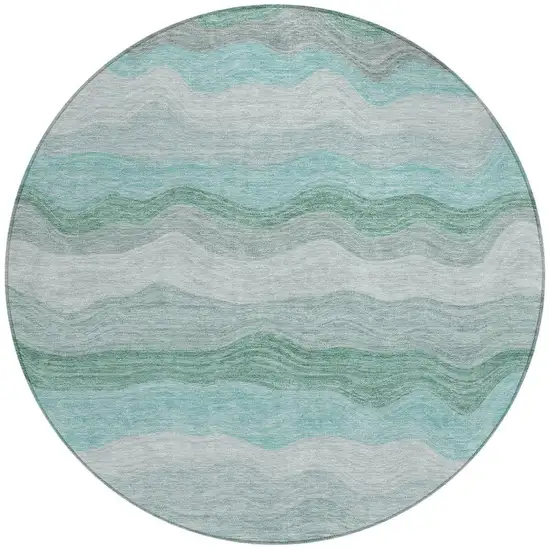 8' Teal Blue Silver And Gray Round Striped Washable Indoor Outdoor Area Rug Photo 3