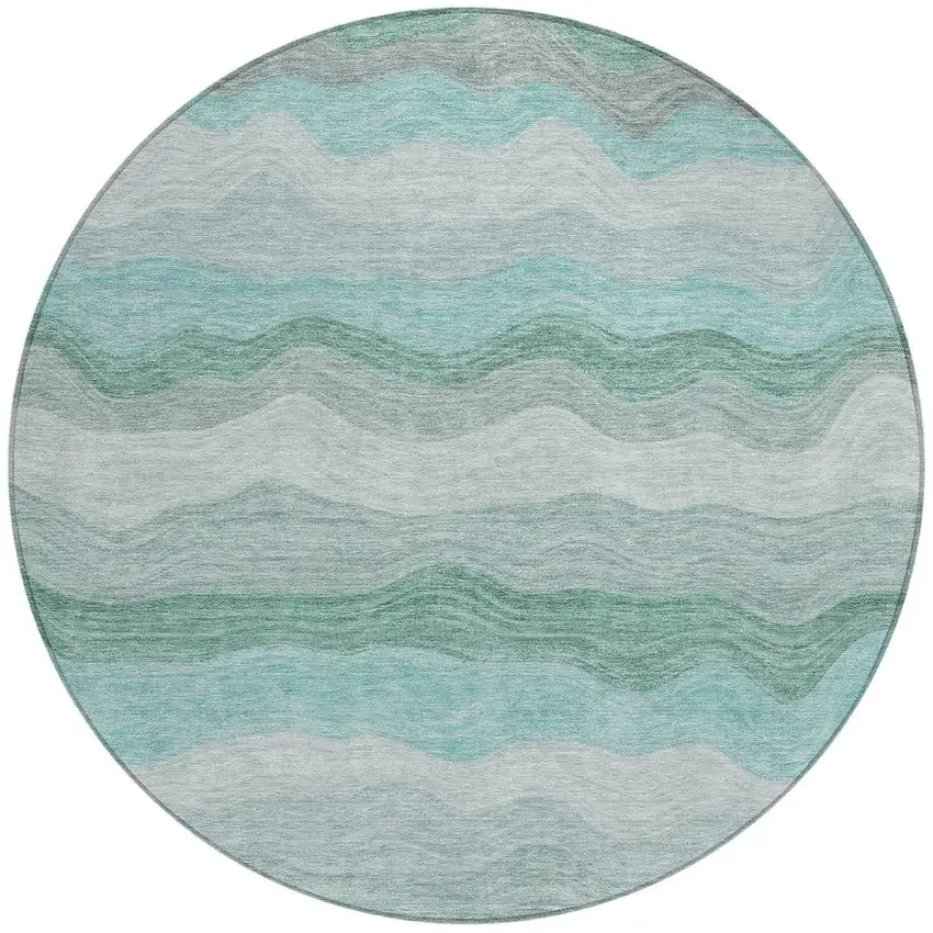 8' Teal Blue Silver And Gray Round Striped Washable Indoor Outdoor Area Rug Photo 3