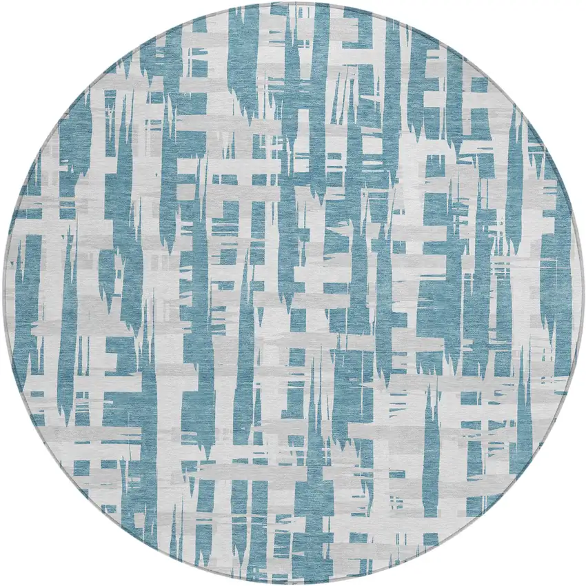 8' Teal Blue Silver And Ivory Round Striped Washable Indoor Outdoor Area Rug Photo 1