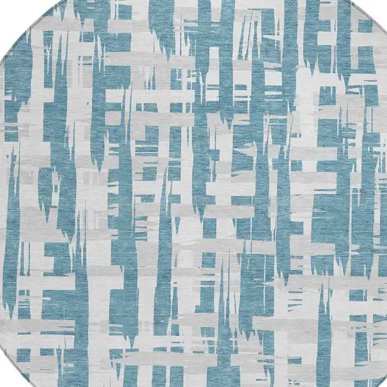 8' Teal Blue Silver And Ivory Round Striped Washable Indoor Outdoor Area Rug Photo 8
