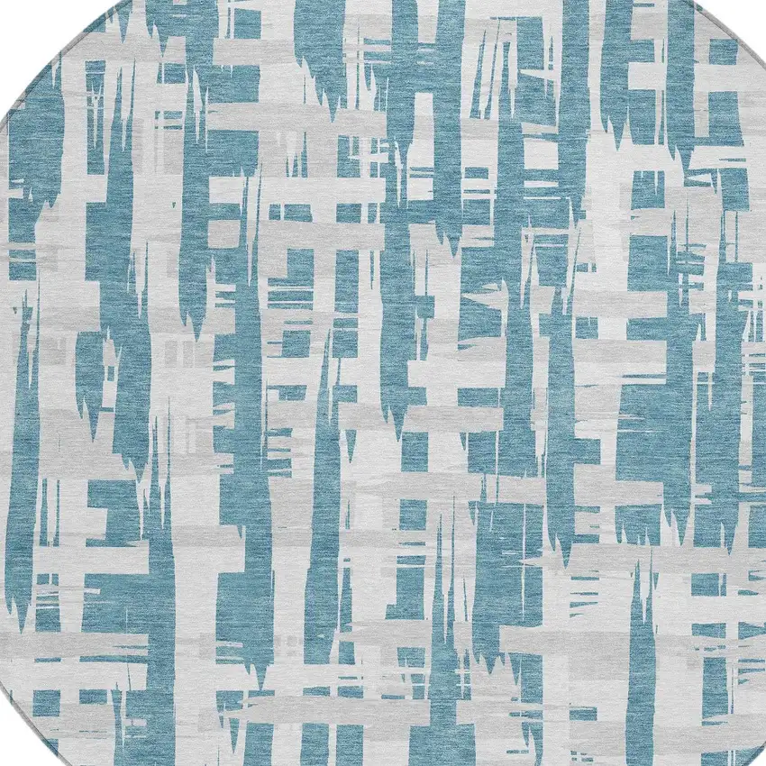 8' Teal Blue Silver And Ivory Round Striped Washable Indoor Outdoor Area Rug Photo 8