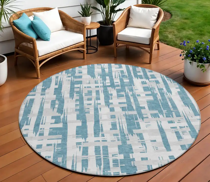 8' Teal Blue Silver And Ivory Round Striped Washable Indoor Outdoor Area Rug Photo 2