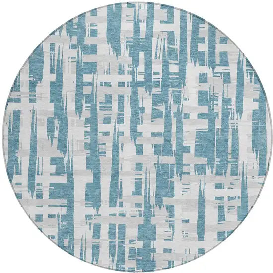 8' Teal Blue Silver And Ivory Round Striped Washable Indoor Outdoor Area Rug Photo 3