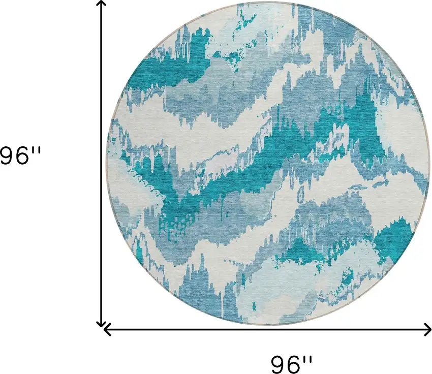 8' Teal Blue Sky Blue And Aqua Round Abstract Washable Indoor Outdoor Area Rug Photo 3