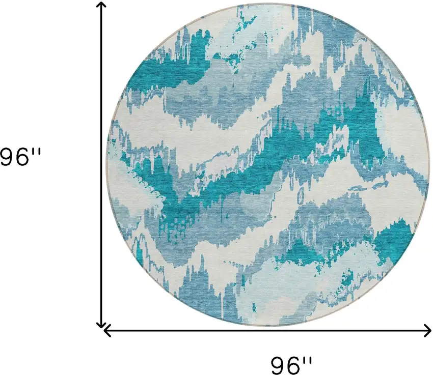 8' Teal Blue Sky Blue And Aqua Round Abstract Washable Indoor Outdoor Area Rug Photo 3