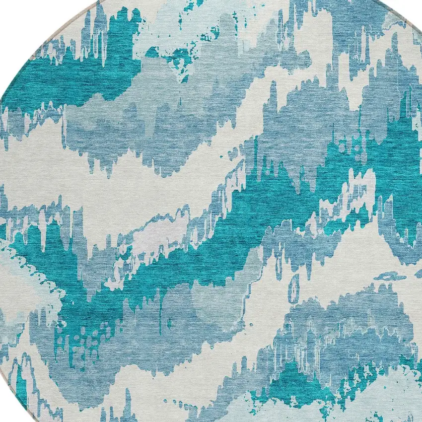 8' Teal Blue Sky Blue And Aqua Round Abstract Washable Indoor Outdoor Area Rug Photo 5