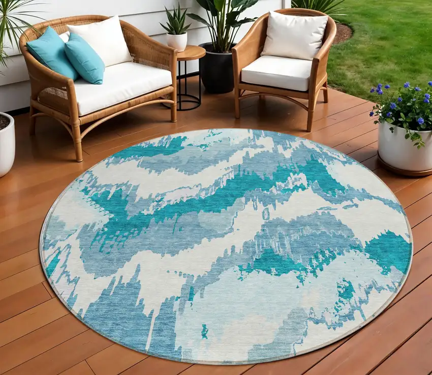 8' Teal Blue Sky Blue And Aqua Round Abstract Washable Indoor Outdoor Area Rug Photo 1
