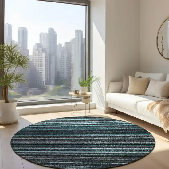8' Teal Blue Sky Blue And Gray Round Striped Washable Indoor Outdoor Area Rug Photo 6
