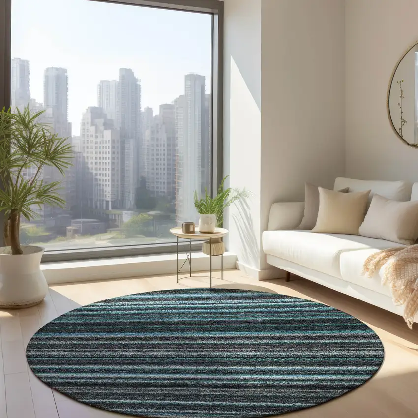 8' Teal Blue Sky Blue And Gray Round Striped Washable Indoor Outdoor Area Rug Photo 6