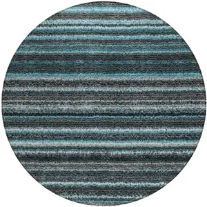 Photo of 8' Teal Blue Sky Blue And Gray Round Striped Washable Indoor Outdoor Area Rug