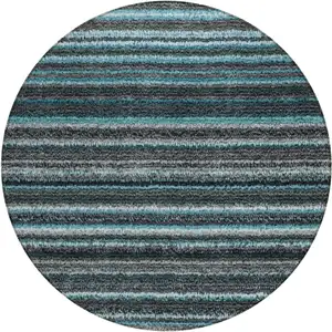Photo of 8' Teal Blue Sky Blue And Gray Round Striped Washable Indoor Outdoor Area Rug