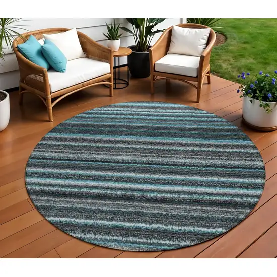 8' Teal Blue Sky Blue And Gray Round Striped Washable Indoor Outdoor Area Rug Photo 1