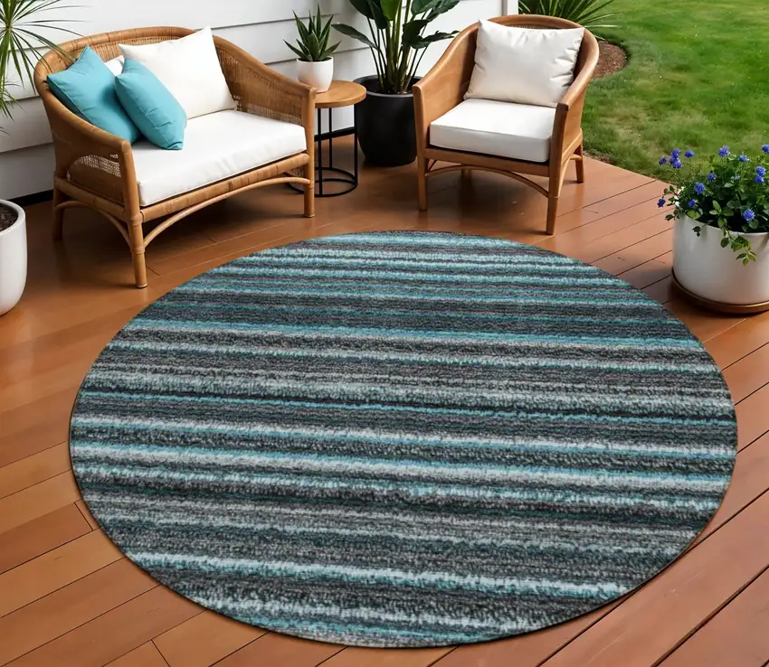 8' Teal Blue Sky Blue And Gray Round Striped Washable Indoor Outdoor Area Rug Photo 1