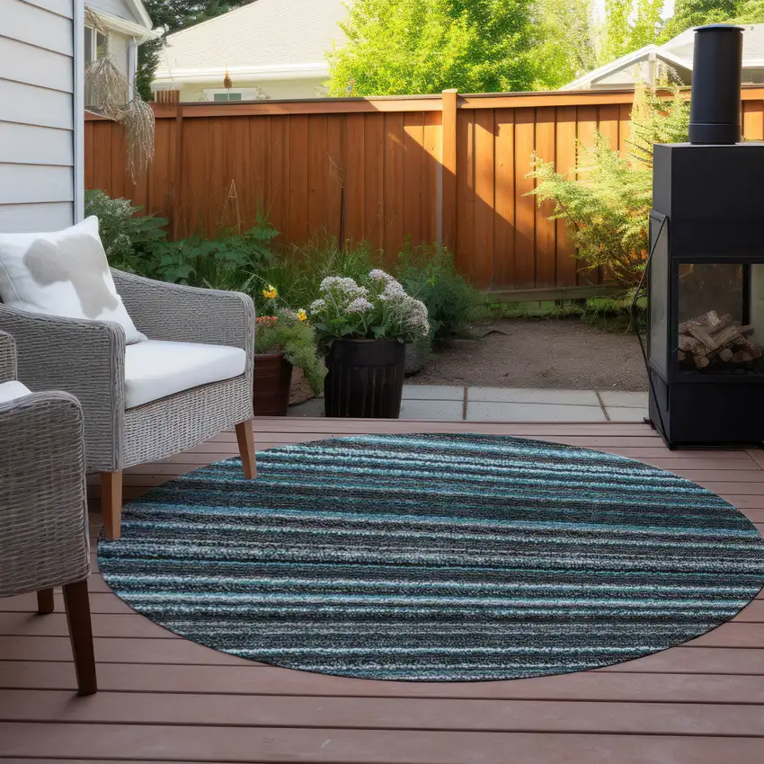 8' Teal Blue Sky Blue And Gray Round Striped Washable Indoor Outdoor Area Rug Photo 5