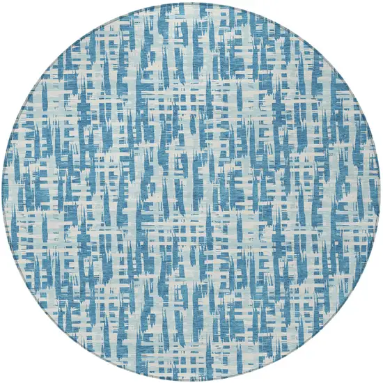 8' Teal Blue Sky Blue And Ivory Round Abstract Washable Indoor Outdoor Area Rug Photo 5