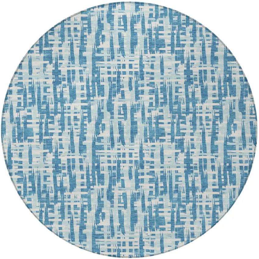 8' Teal Blue Sky Blue And Ivory Round Abstract Washable Indoor Outdoor Area Rug Photo 5