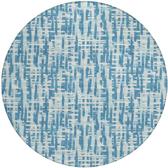 8' Teal Blue Sky Blue And Ivory Round Abstract Washable Indoor Outdoor Area Rug Photo 2