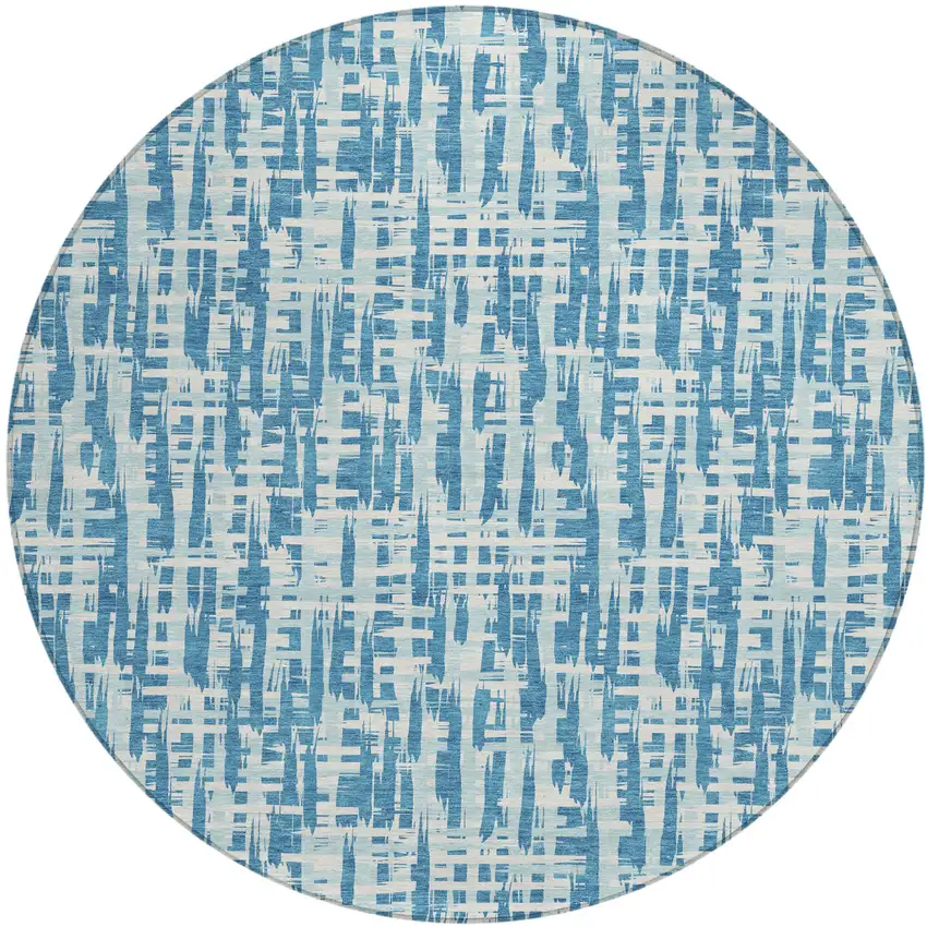 8' Teal Blue Sky Blue And Ivory Round Abstract Washable Indoor Outdoor Area Rug Photo 2