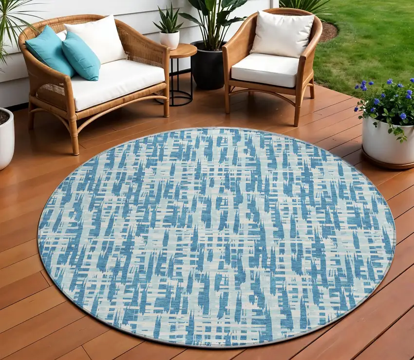 8' Teal Blue Sky Blue And Ivory Round Abstract Washable Indoor Outdoor Area Rug Photo 1